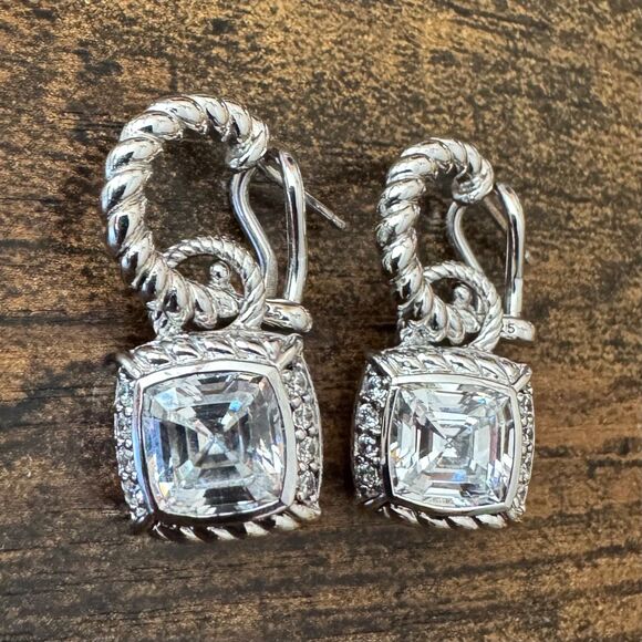 Judith Ripka Diamonique Earrings CZ & Sterling Silver Dangle Hoop Asscher Cut - Picture 2 of 8